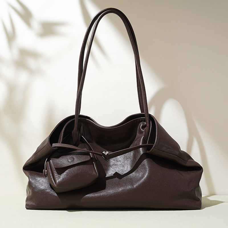 Women's Large Full-Grain Cowhide Leather Minimalist Buckle Shoulder Tote Bag With Mini Pouch
