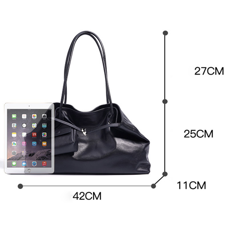 Women's Large Full-Grain Cowhide Leather Minimalist Buckle Shoulder Tote Bag With Mini Pouch