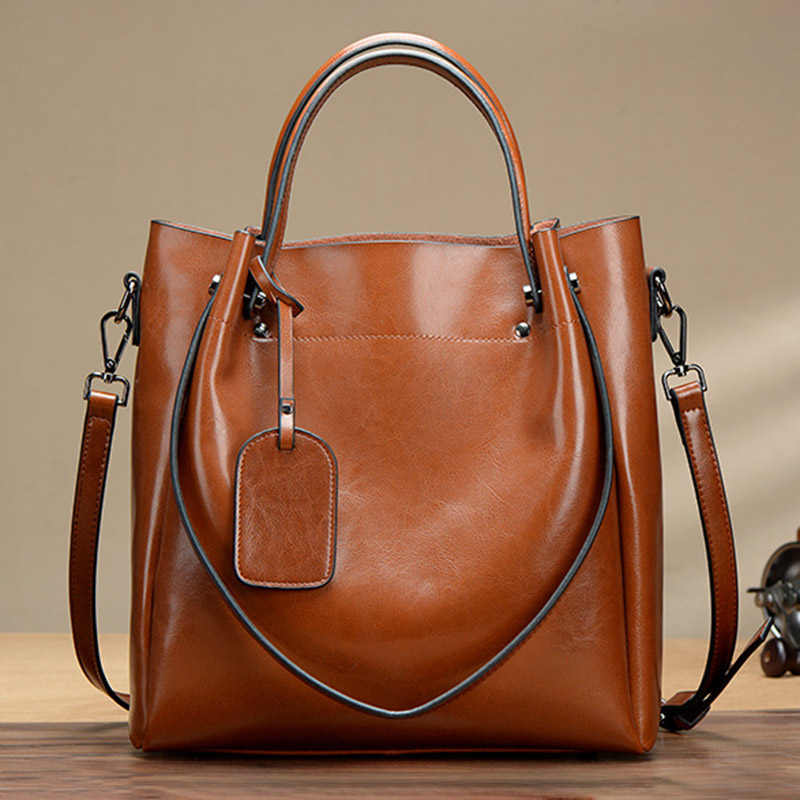 Women's Large Vintage Oil-Wax Split Leather Shoulder Tote Bag with Crossbody Strap