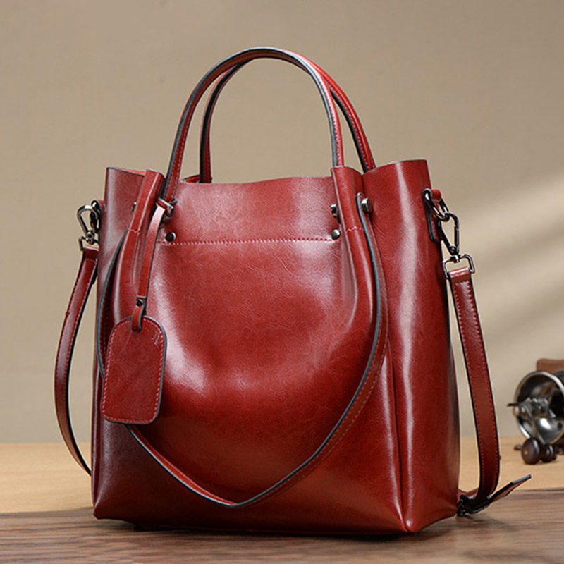 Women's Large Vintage Oil-Wax Split Leather Shoulder Tote Bag with Crossbody Strap