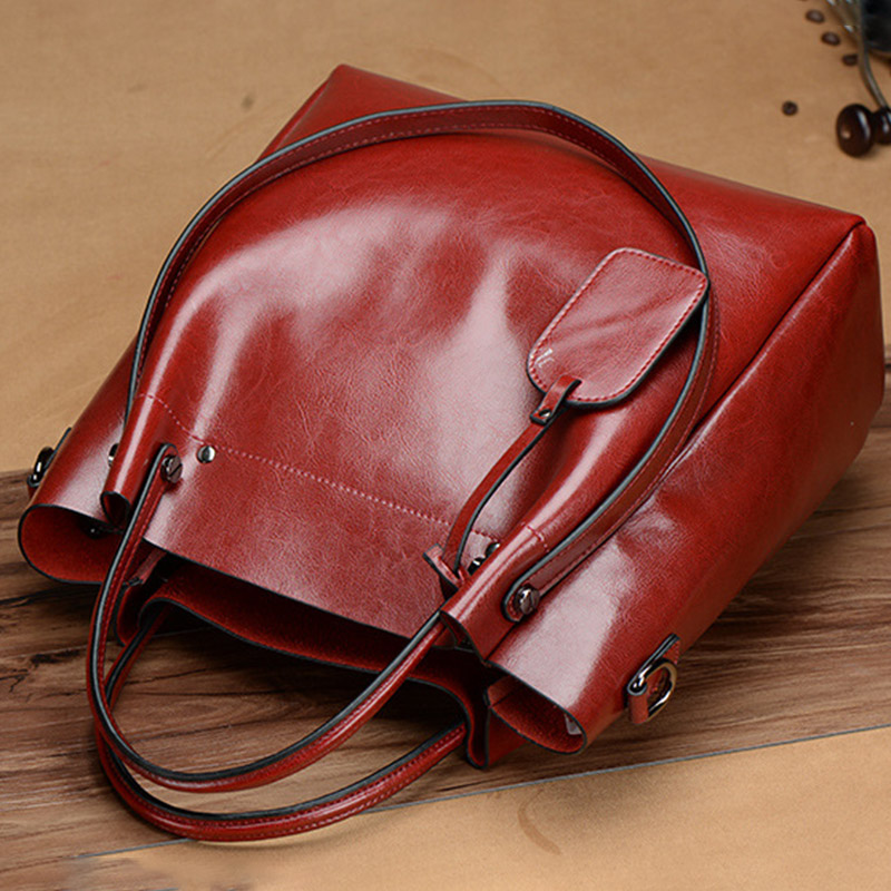 Women's Large Vintage Oil-Wax Split Leather Shoulder Tote Bag with Crossbody Strap