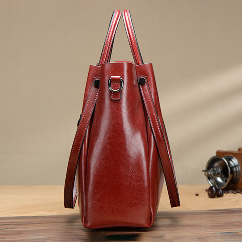 Women's Large Vintage Oil-Wax Split Leather Shoulder Tote Bag with Crossbody Strap