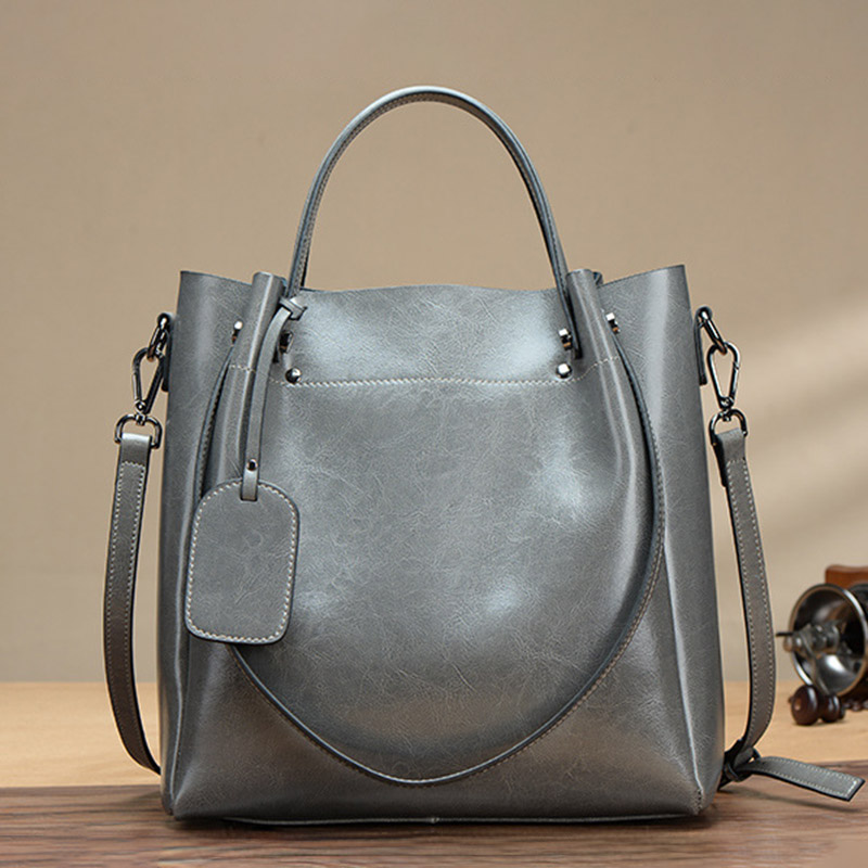 Women's Large Vintage Oil-Wax Split Leather Shoulder Tote Bag with Crossbody Strap