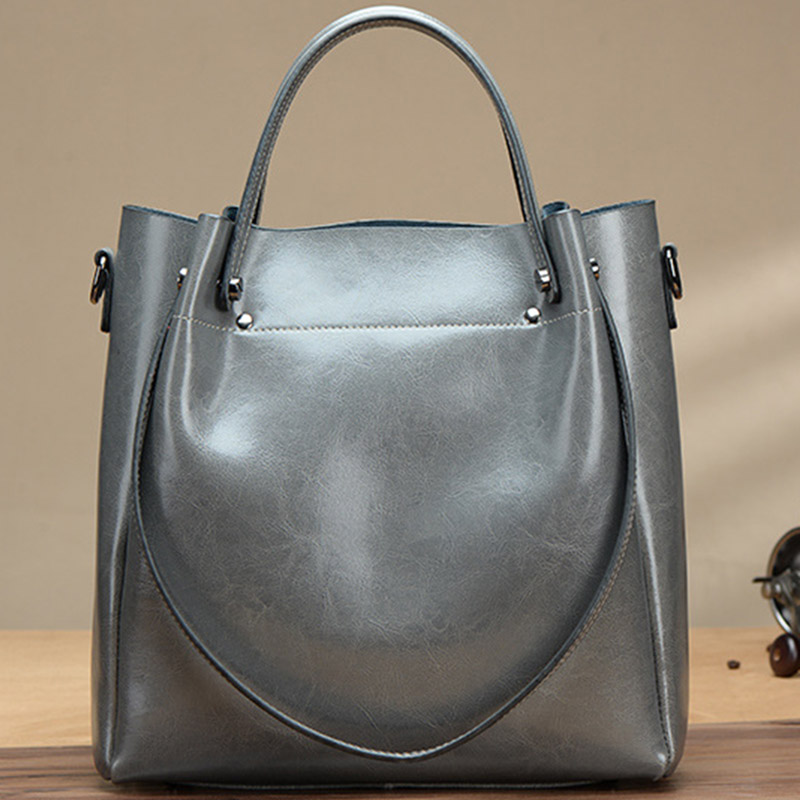 Women's Large Vintage Oil-Wax Split Leather Shoulder Tote Bag with Crossbody Strap