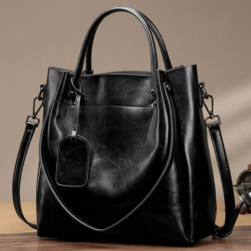 Women's Large Vintage Oil-Wax Split Leather Shoulder Tote Bag with Crossbody Strap