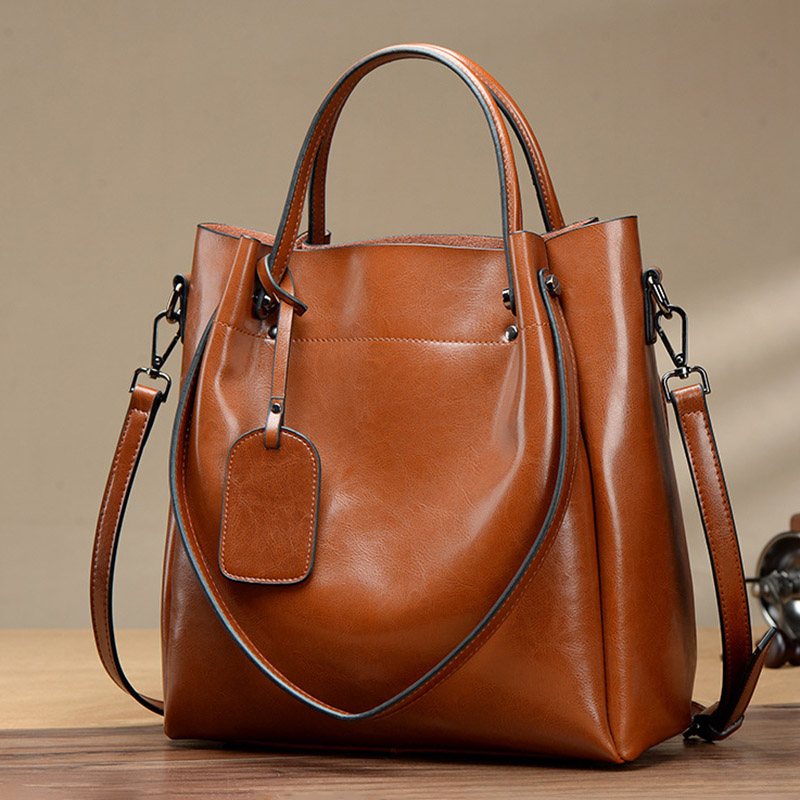 Women's Large Vintage Oil-Wax Split Leather Shoulder Tote Bag with Crossbody Strap