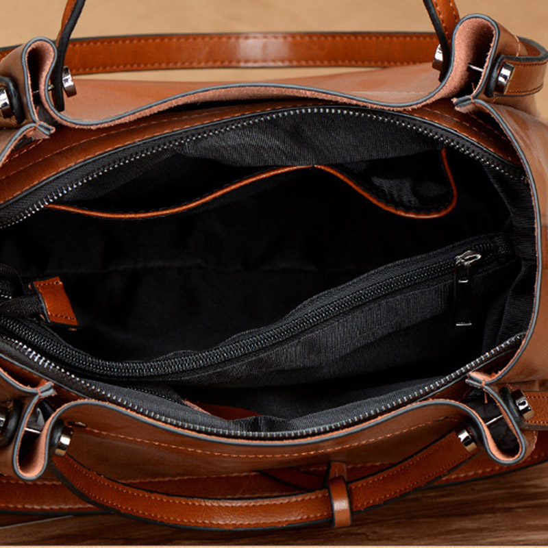 Women's Large Vintage Oil-Wax Split Leather Shoulder Tote Bag with Crossbody Strap