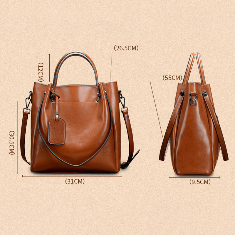 Women's Large Vintage Oil-Wax Split Leather Shoulder Tote Bag with Crossbody Strap