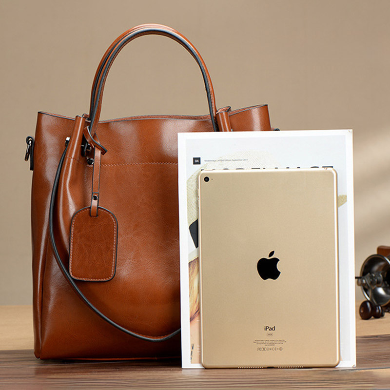 Women's Large Vintage Oil-Wax Split Leather Shoulder Tote Bag with Crossbody Strap