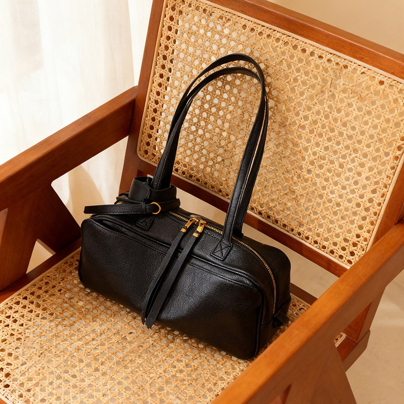Damen Leder Boston Schultertasche Baguette Tasche mit Reissverschluss