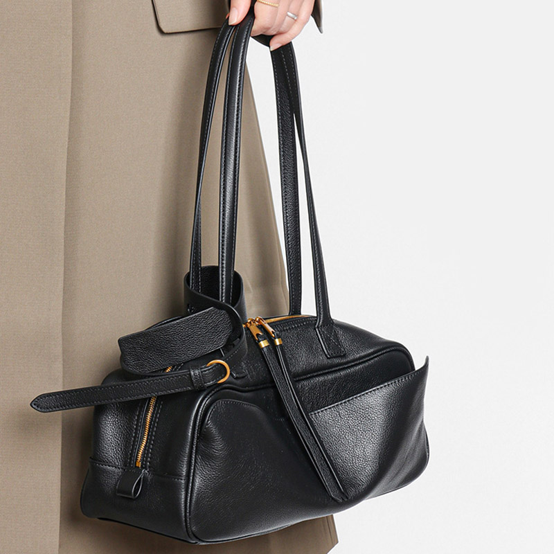 Damen Leder Boston Schultertasche Baguette Tasche mit Reissverschluss