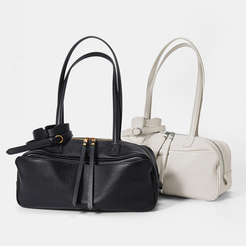 Damen Leder Boston Schultertasche Baguette Tasche mit Reissverschluss