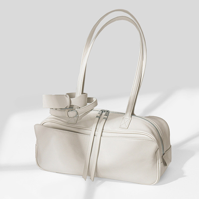 Damen Leder Boston Schultertasche Baguette Tasche mit Reissverschluss