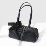 Damen Leder Boston Schultertasche Baguette Tasche mit Reissverschluss