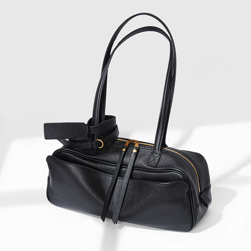 Damen Leder Boston Schultertasche Baguette Tasche mit Reissverschluss