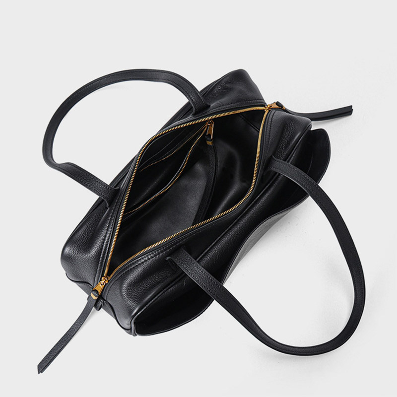 Damen Leder Boston Schultertasche Baguette Tasche mit Reissverschluss