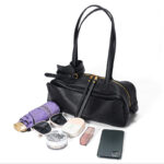 Damen Leder Boston Schultertasche Baguette Tasche mit Reissverschluss