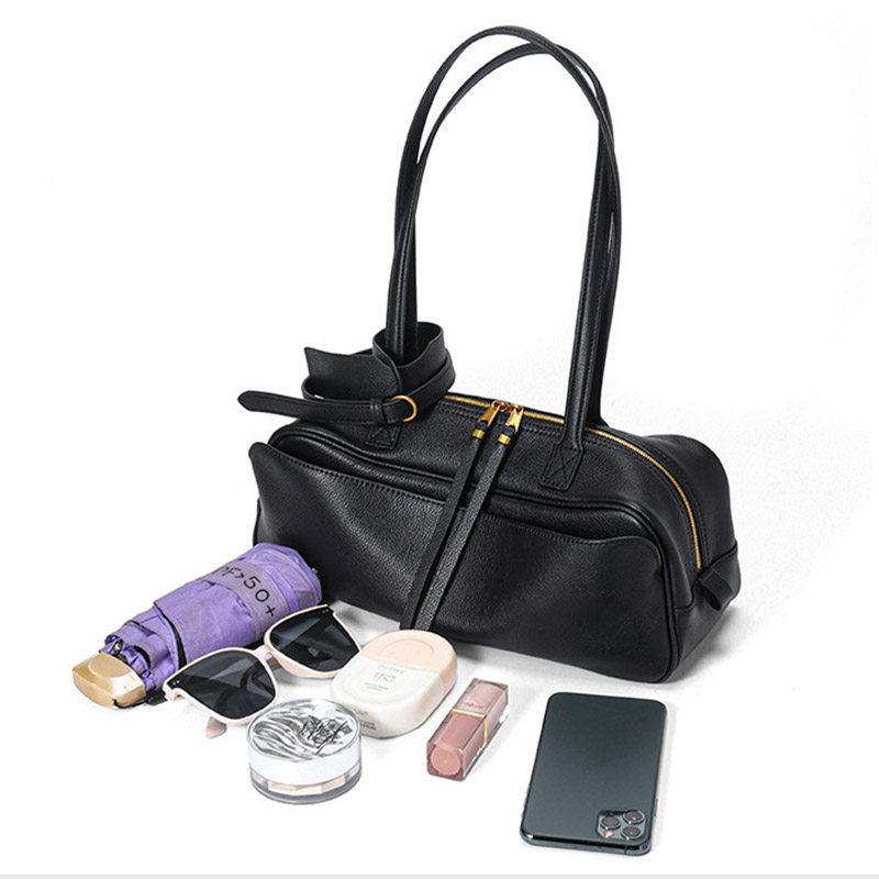 Damen Leder Boston Schultertasche Baguette Tasche mit Reissverschluss