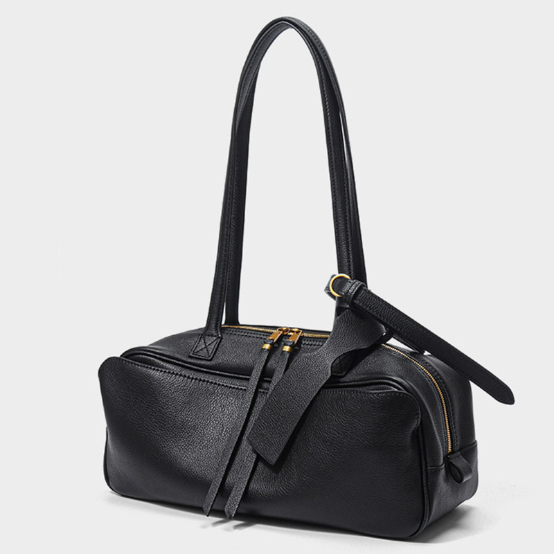 Damen Leder Boston Schultertasche Baguette Tasche mit Reissverschluss