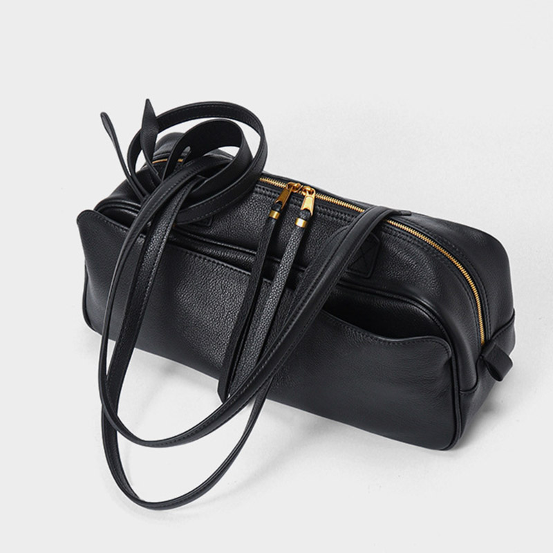 Damen Leder Boston Schultertasche Baguette Tasche mit Reissverschluss