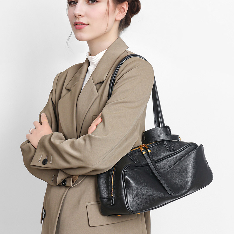 Damen Leder Boston Schultertasche Baguette Tasche mit Reissverschluss