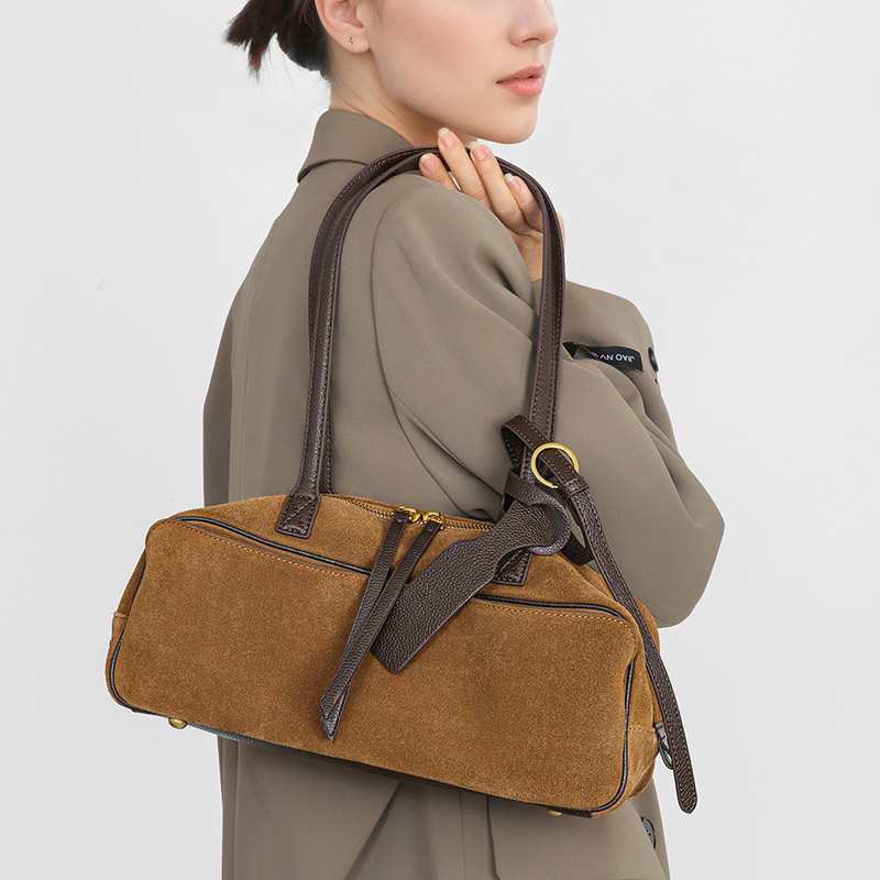 Damen Leder Boston Schultertasche Baguette Tasche mit Reissverschluss