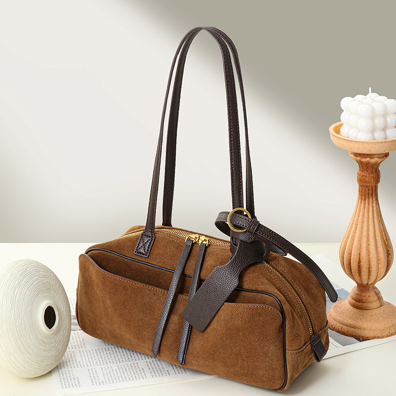 Damen Leder Boston Schultertasche Baguette Tasche mit Reissverschluss