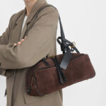 Damen Leder Boston Schultertasche Baguette Tasche mit Reissverschluss