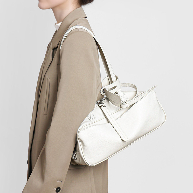 Damen Leder Boston Schultertasche Baguette Tasche mit Reissverschluss
