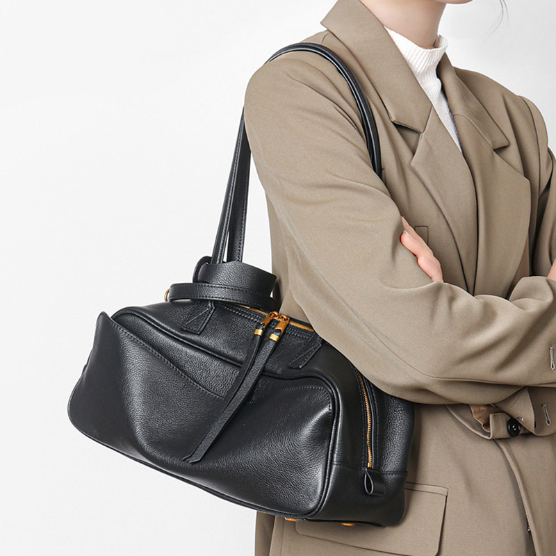 Damen Leder Boston Schultertasche Baguette Tasche mit Reissverschluss