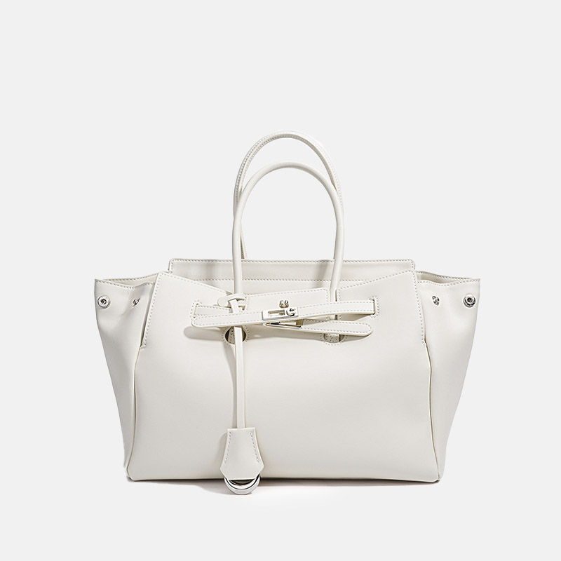 Women's Leather Minimalist Shoulder Tote Bag With Silver Lock Hardware