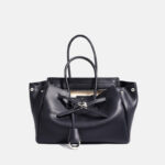 Women's Leather Minimalist Shoulder Tote Bag With Silver Lock Hardware