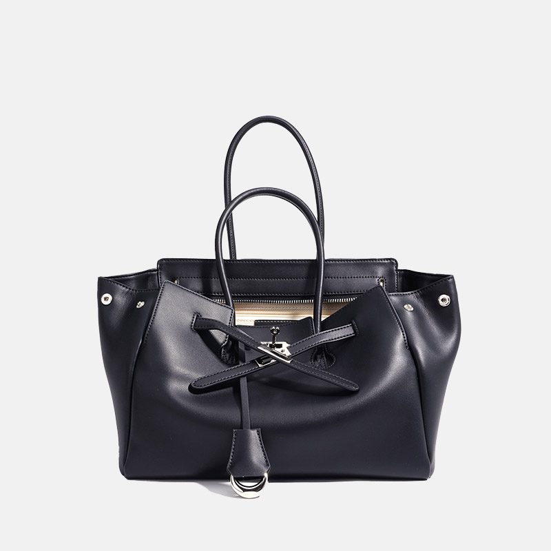 Women's Leather Minimalist Shoulder Tote Bag With Silver Lock Hardware
