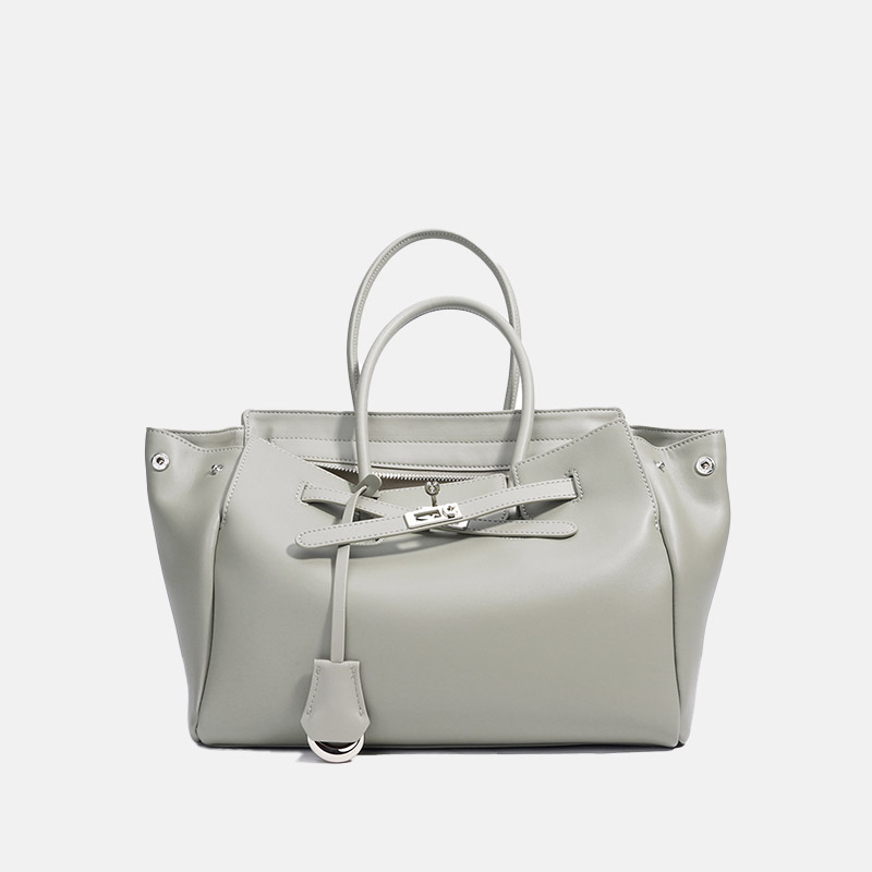 Women's Leather Minimalist Shoulder Tote Bag With Silver Lock Hardware