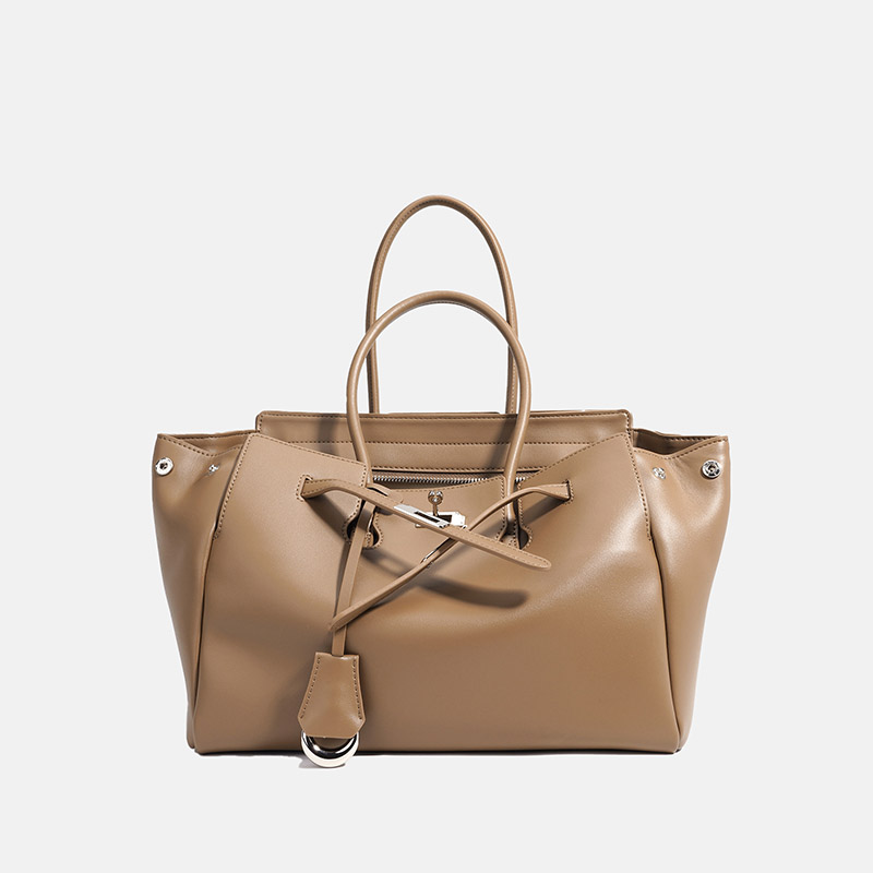 Women's Leather Minimalist Shoulder Tote Bag With Silver Lock Hardware