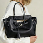 Women's Leather Minimalist Shoulder Tote Bag With Silver Lock Hardware
