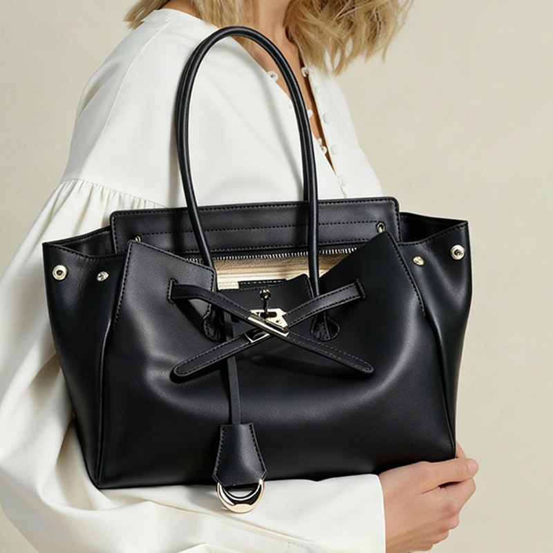Women's Leather Minimalist Shoulder Tote Bag With Silver Lock Hardware