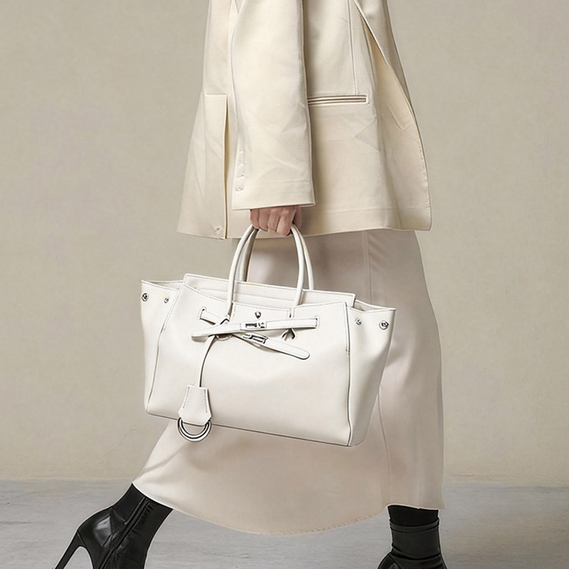 Women's Leather Minimalist Shoulder Tote Bag With Silver Lock Hardware
