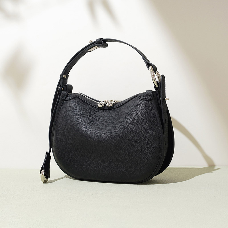 Women's Minimalist Full-Grain Cowhide Leather Zipper Closed Crescent Shoulder Hobo Bag