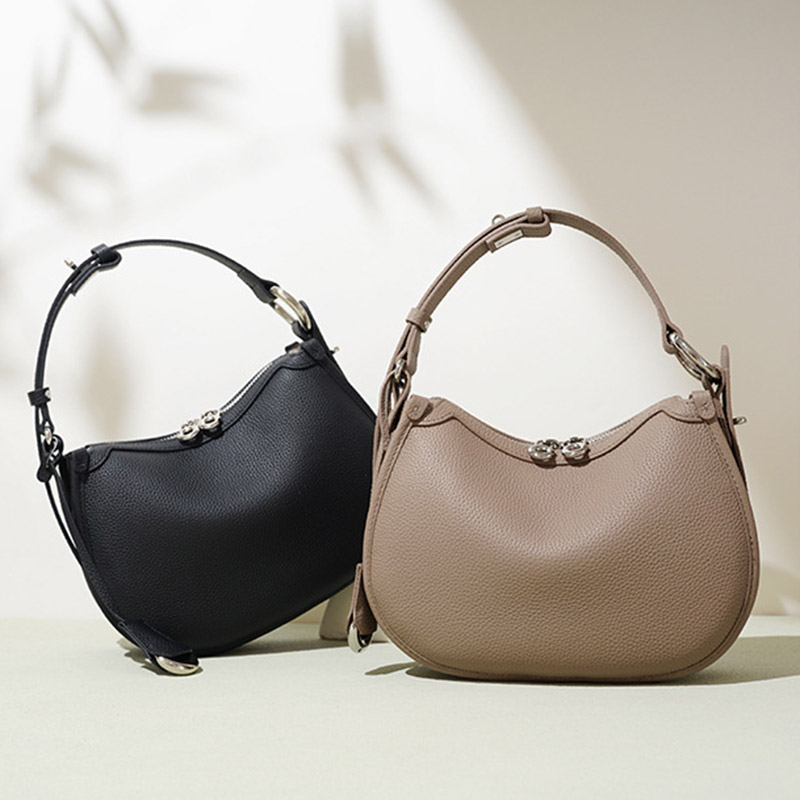 Women's Minimalist Full-Grain Cowhide Leather Zipper Closed Crescent Shoulder Hobo Bag