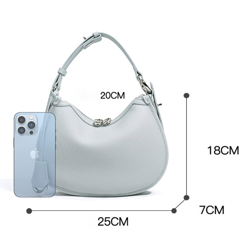 Women's Minimalist Full-Grain Cowhide Leather Zipper Closed Crescent Shoulder Hobo Bag