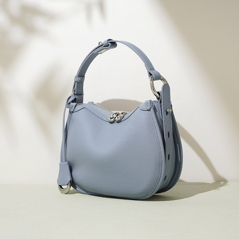 Women's Minimalist Full-Grain Cowhide Leather Zipper Closed Crescent Shoulder Hobo Bag