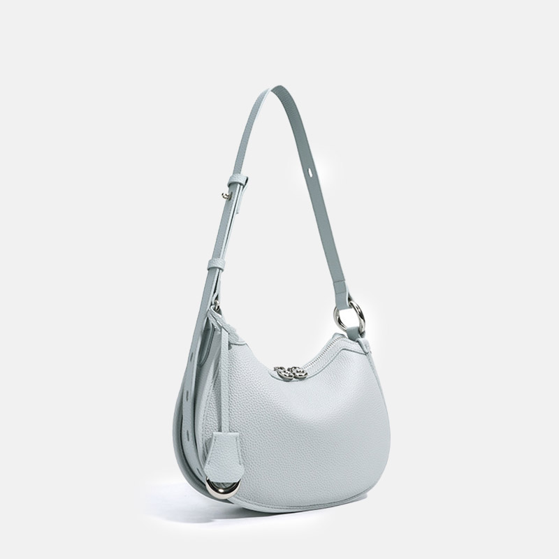 Women's Minimalist Full-Grain Cowhide Leather Zipper Closed Crescent Shoulder Hobo Bag