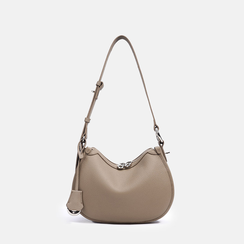 Women's Minimalist Full-Grain Cowhide Leather Zipper Closed Crescent Shoulder Hobo Bag