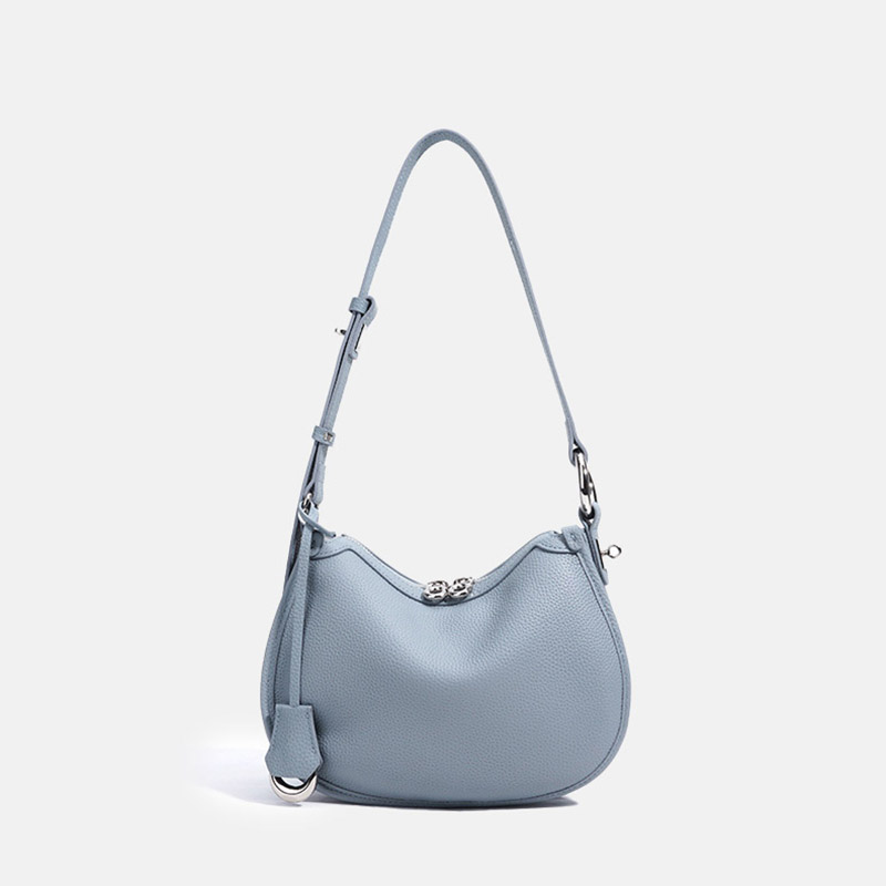Women's Minimalist Full-Grain Cowhide Leather Zipper Closed Crescent Shoulder Hobo Bag