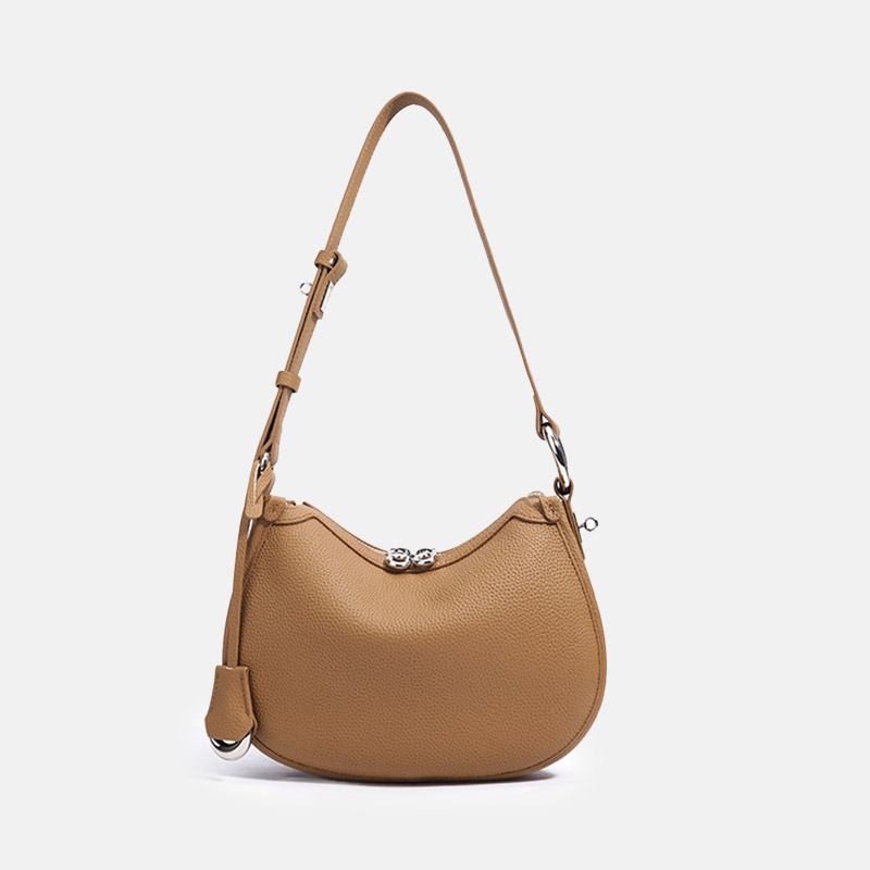 Women's Minimalist Full-Grain Cowhide Leather Zipper Closed Crescent Shoulder Hobo Bag