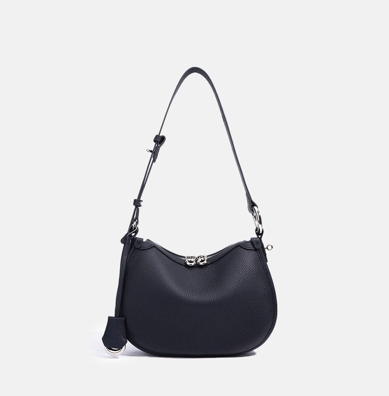 Women's Minimalist Full-Grain Cowhide Leather Zipper Closed Crescent Shoulder Hobo Bag