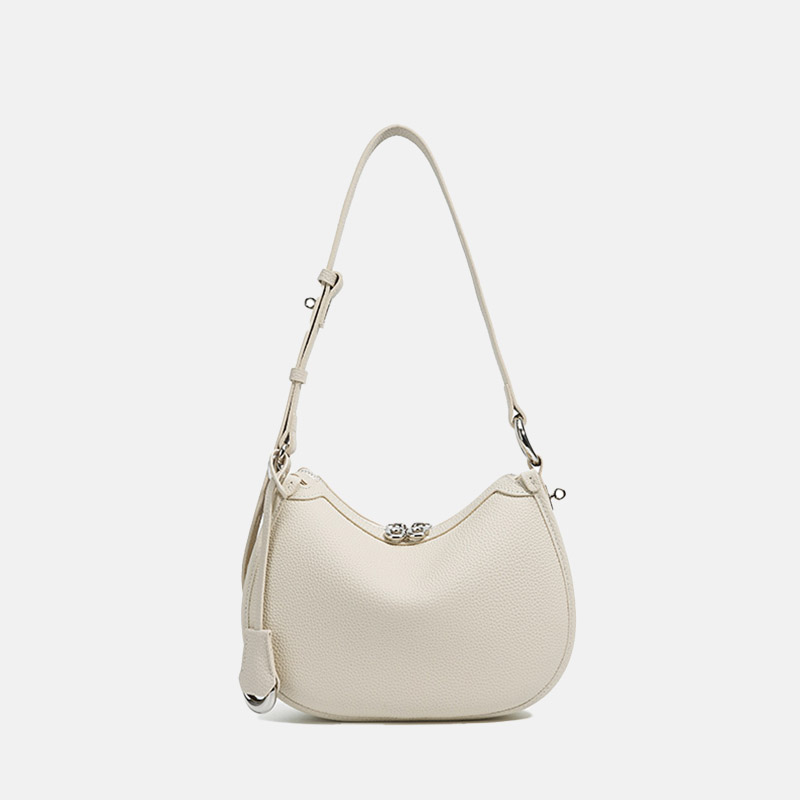 Women's Minimalist Full-Grain Cowhide Leather Zipper Closed Crescent Shoulder Hobo Bag