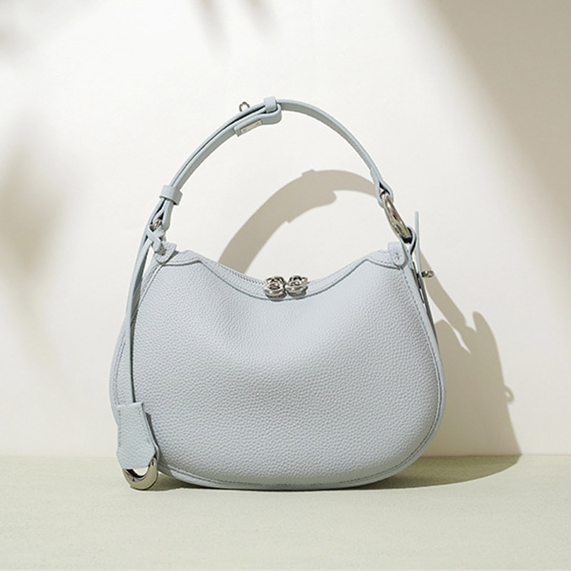 Women's Minimalist Full-Grain Cowhide Leather Zipper Closed Crescent Shoulder Hobo Bag
