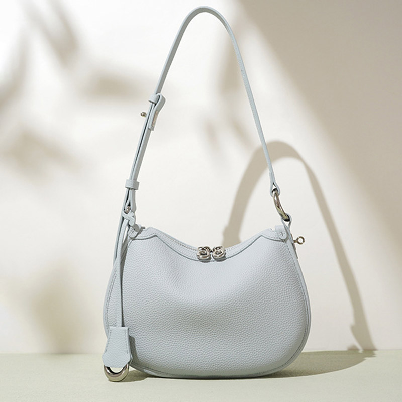 Women's Minimalist Full-Grain Cowhide Leather Zipper Closed Crescent Shoulder Hobo Bag